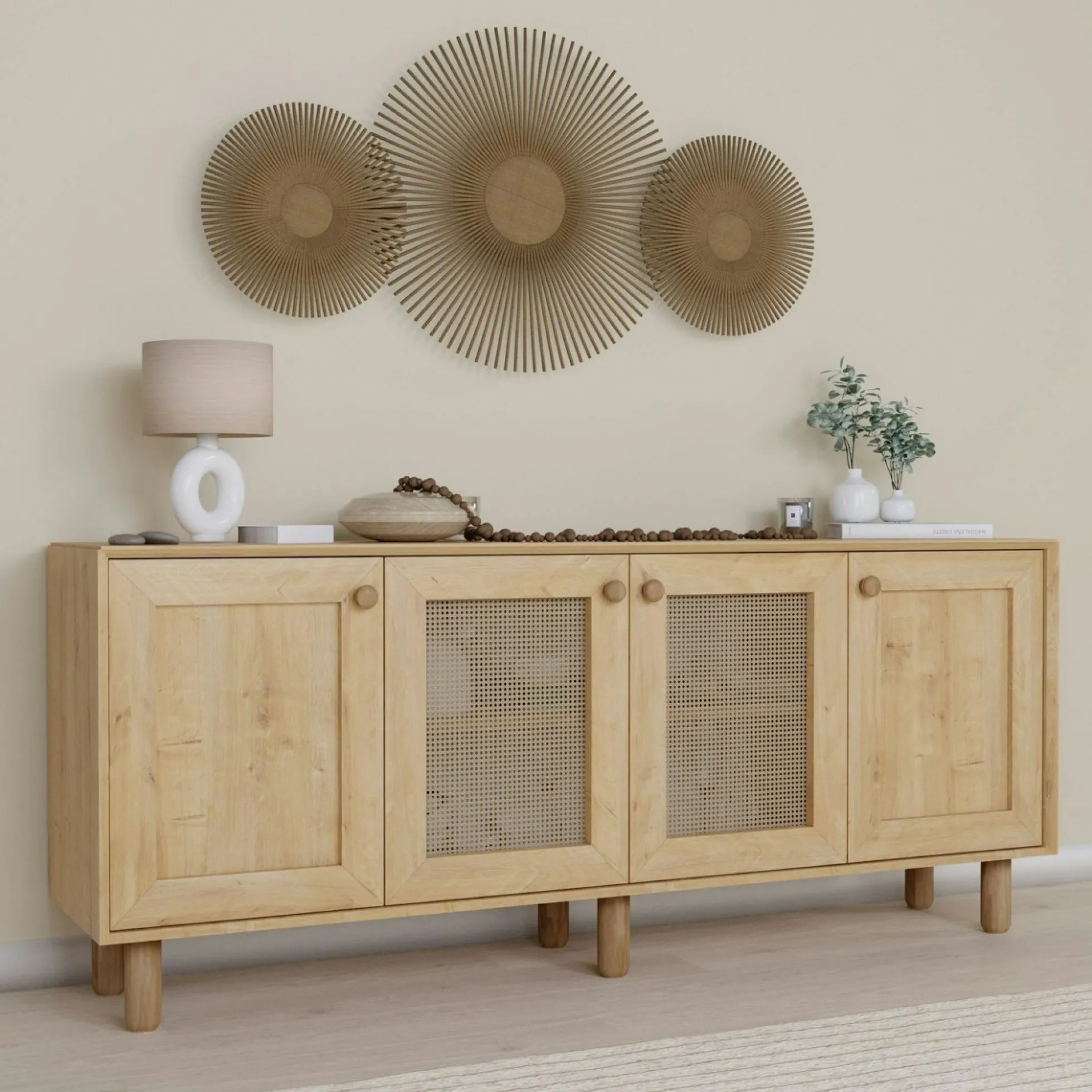 Buffet salle à manger moderne effet bois détail cannage VAREN