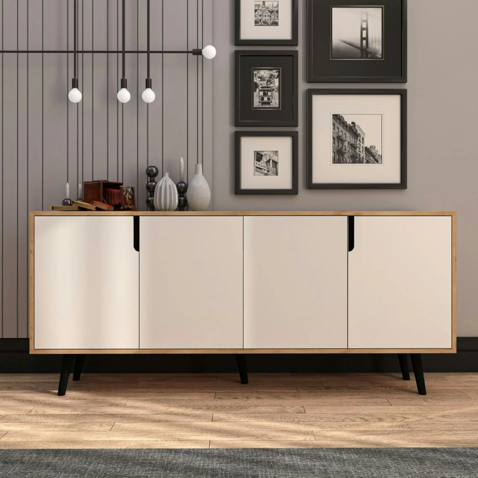 Buffet salle à manger 4 portes blanches et effet bois MARFA
