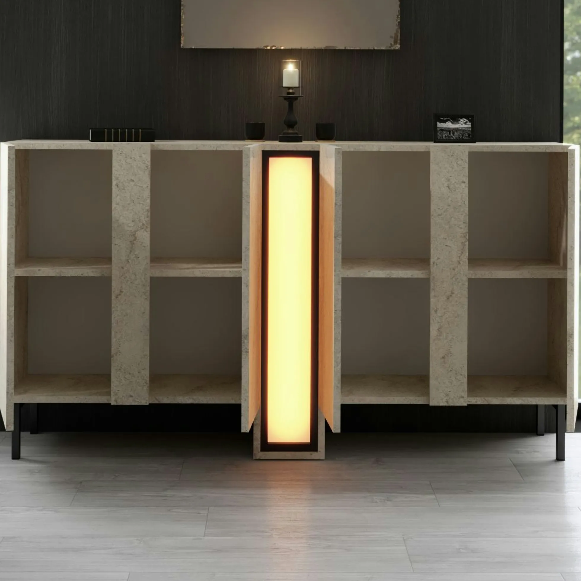 Buffet salle à manger 4 portes décor travertin colonne LED AURA