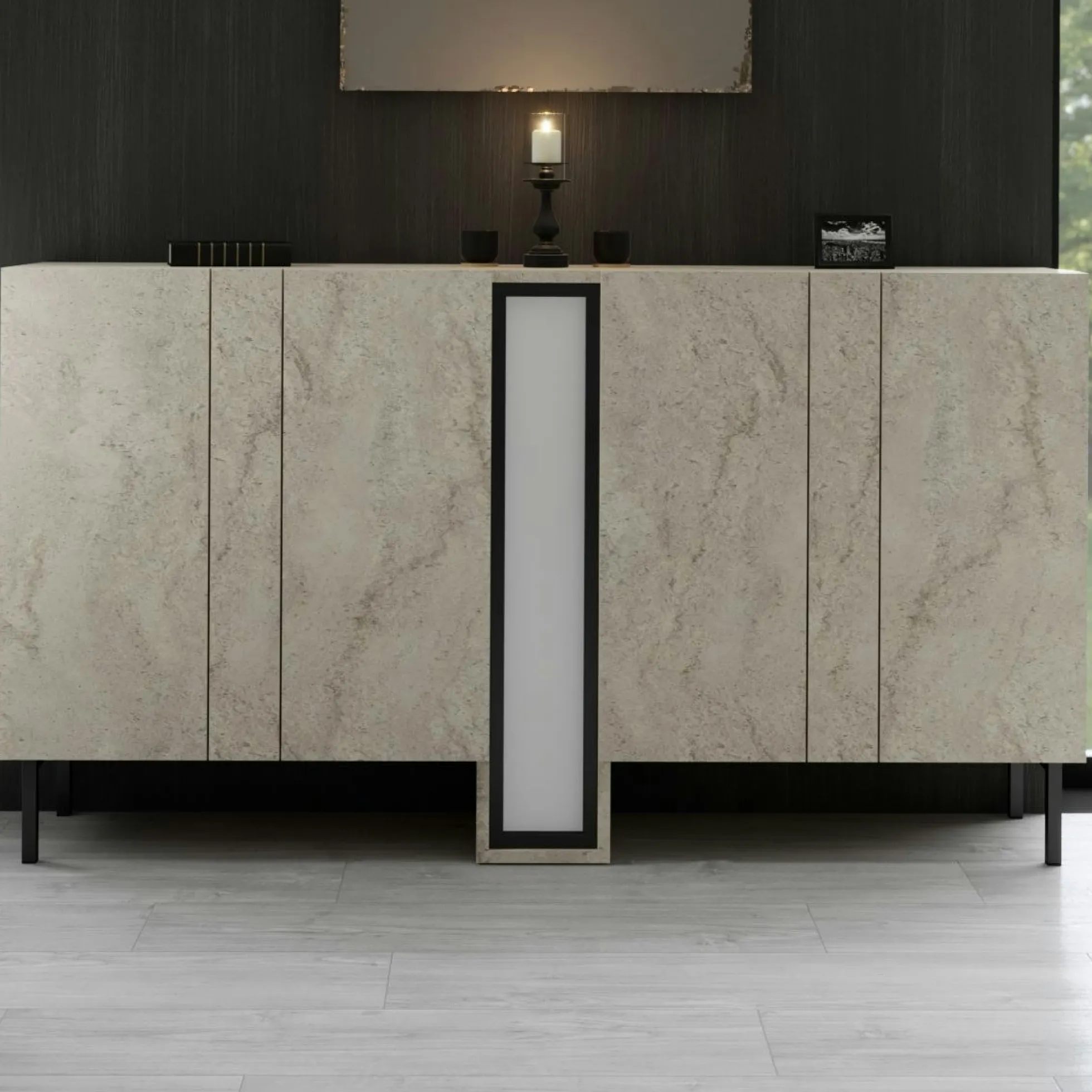 Buffet salle à manger 4 portes décor travertin colonne LED AURA