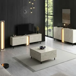 Buffet salle à manger 4 portes décor travertin colonne LED AURA