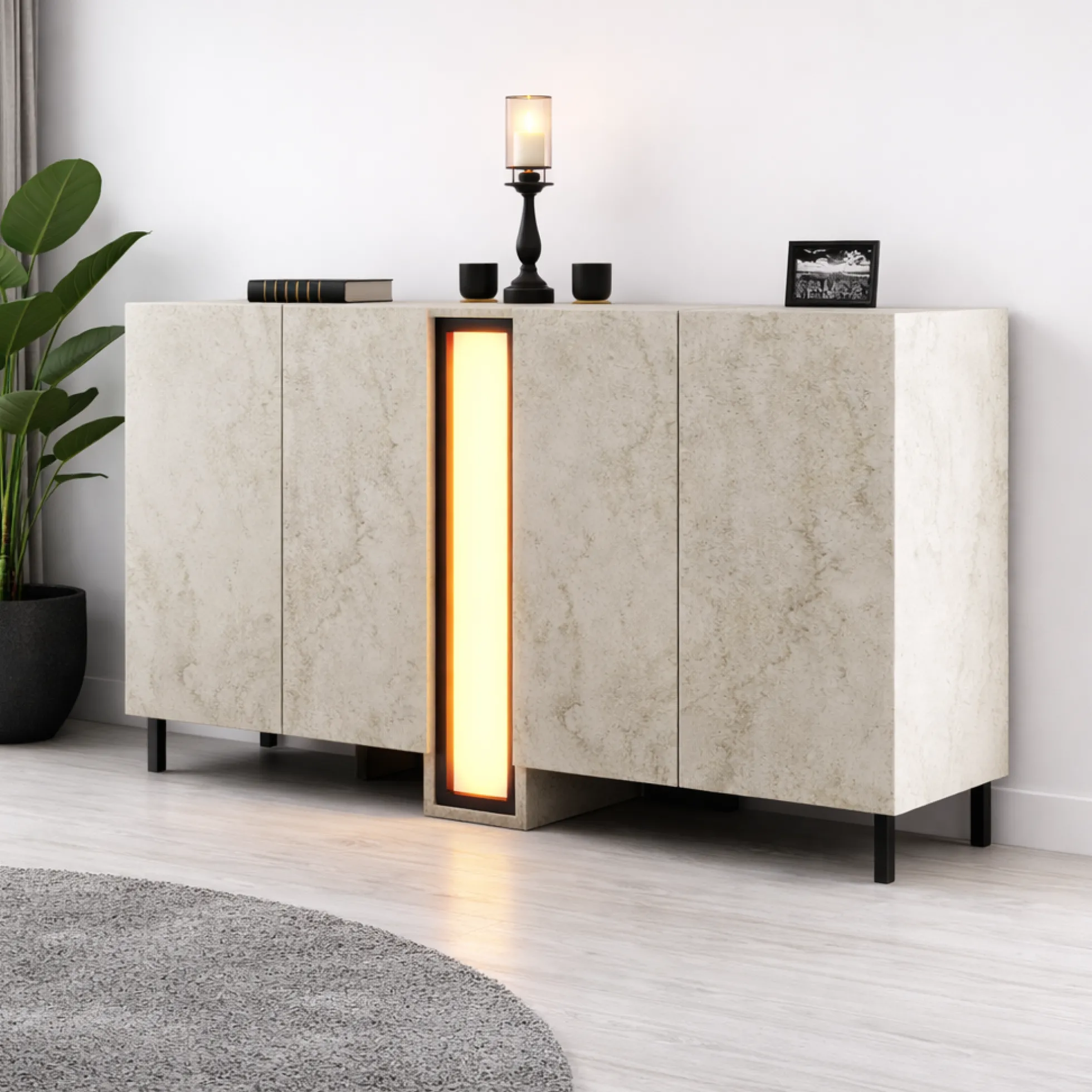 Buffet salle à manger 4 portes décor travertin colonne LED AURA