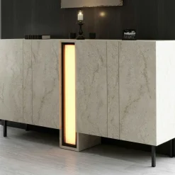 Buffet salle à manger 4 portes décor travertin colonne LED AURA