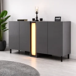 Buffet salle à manger 4 portes gris colonne LED AURA