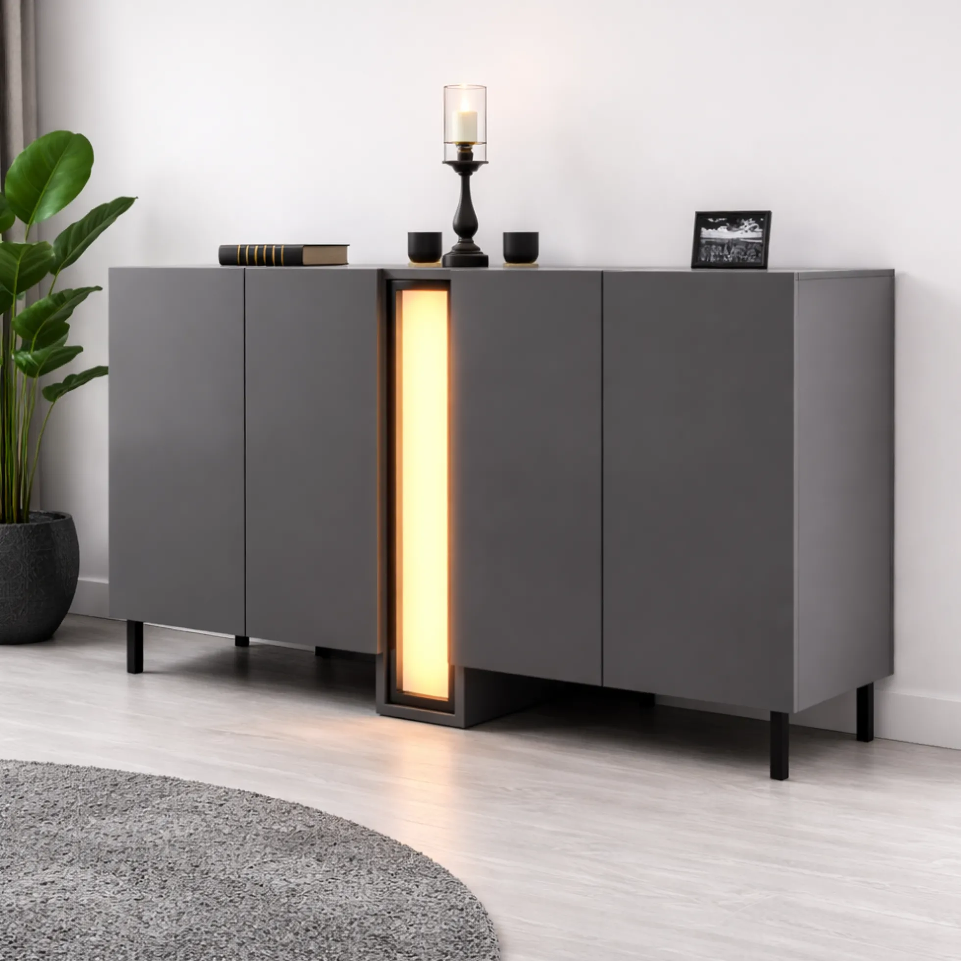Buffet salle à manger 4 portes gris colonne LED AURA