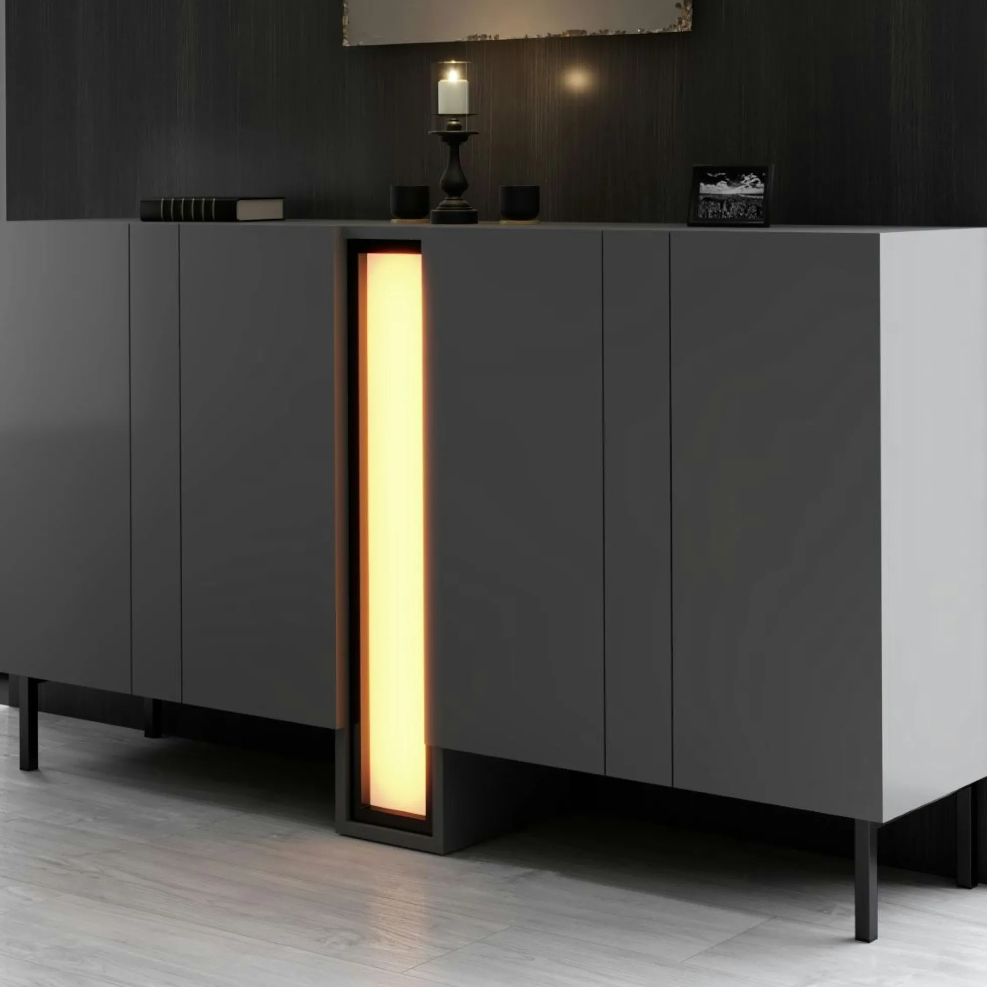 Buffet salle à manger 4 portes gris colonne LED AURA