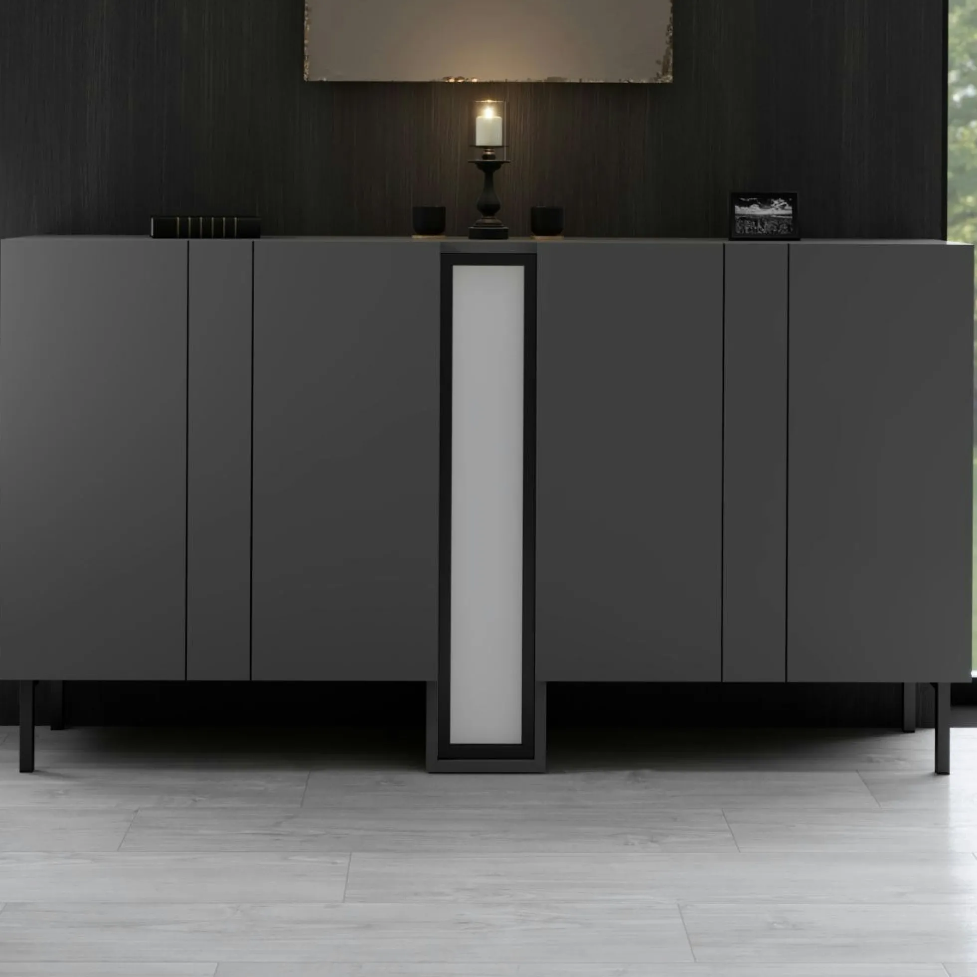 Buffet salle à manger 4 portes gris colonne LED AURA