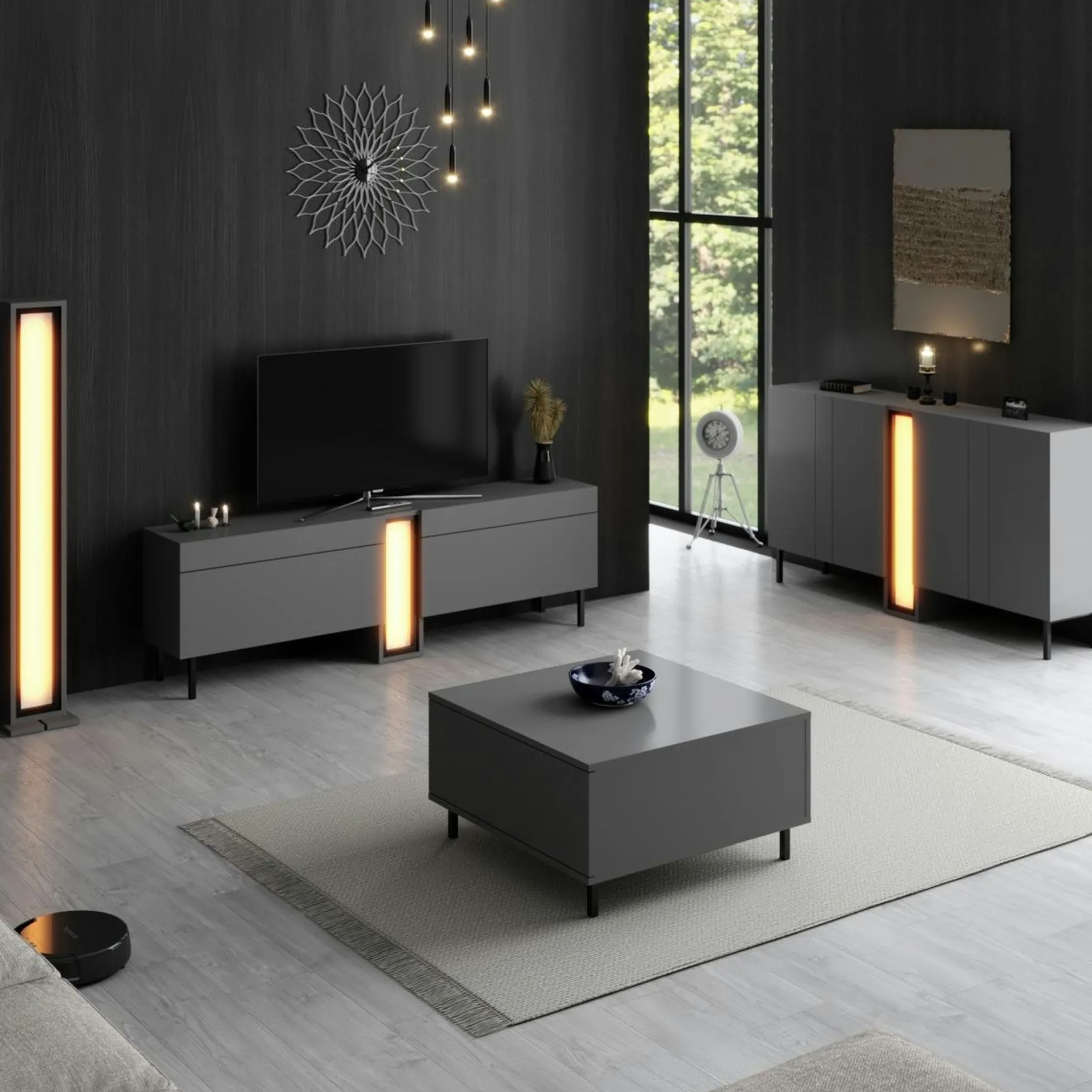 Buffet salle à manger 4 portes gris colonne LED AURA