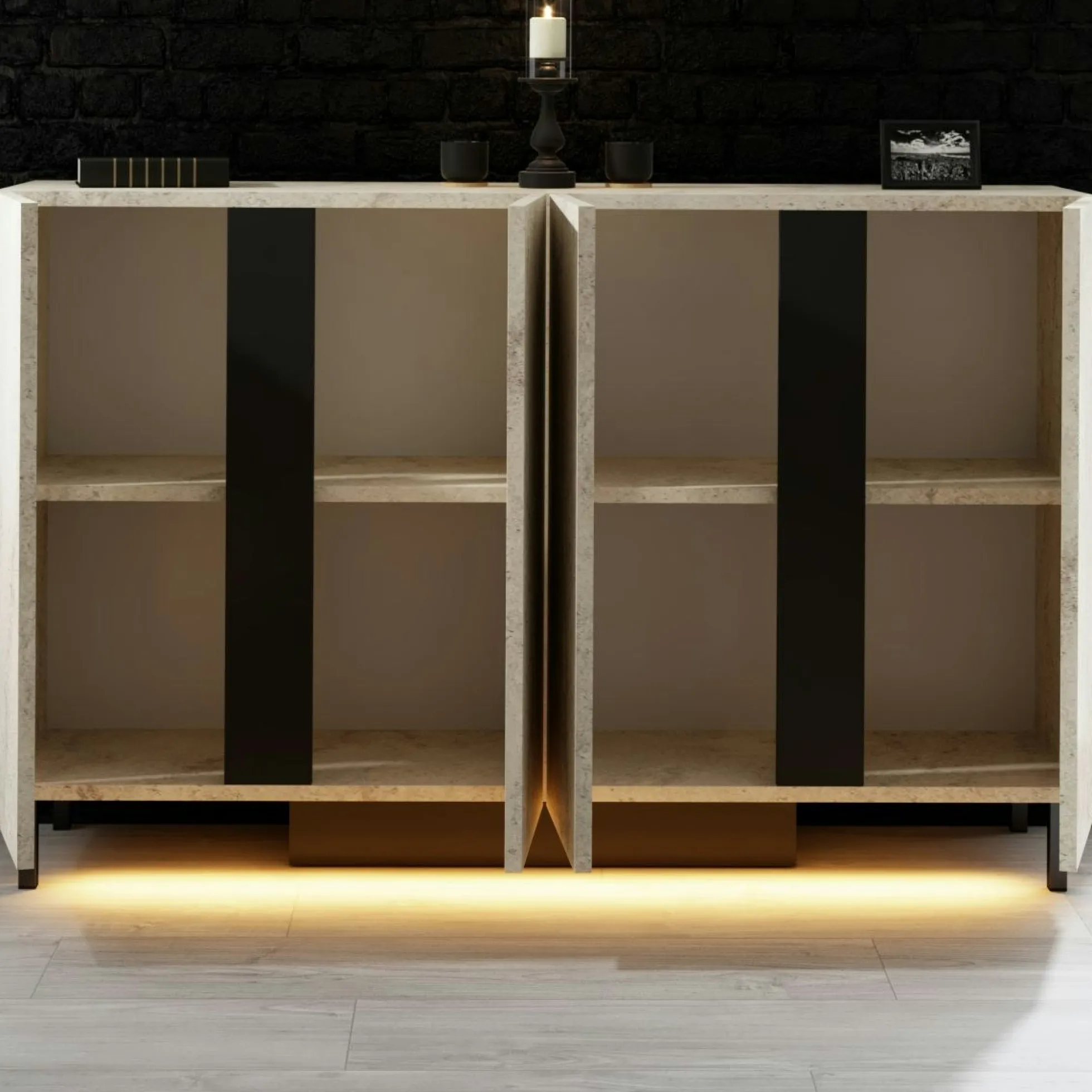 Buffet salle à manger 4 portes LED décor travertin AURA