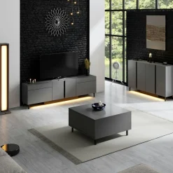 Buffet salle à manger 4 portes LED gris foncé AURA