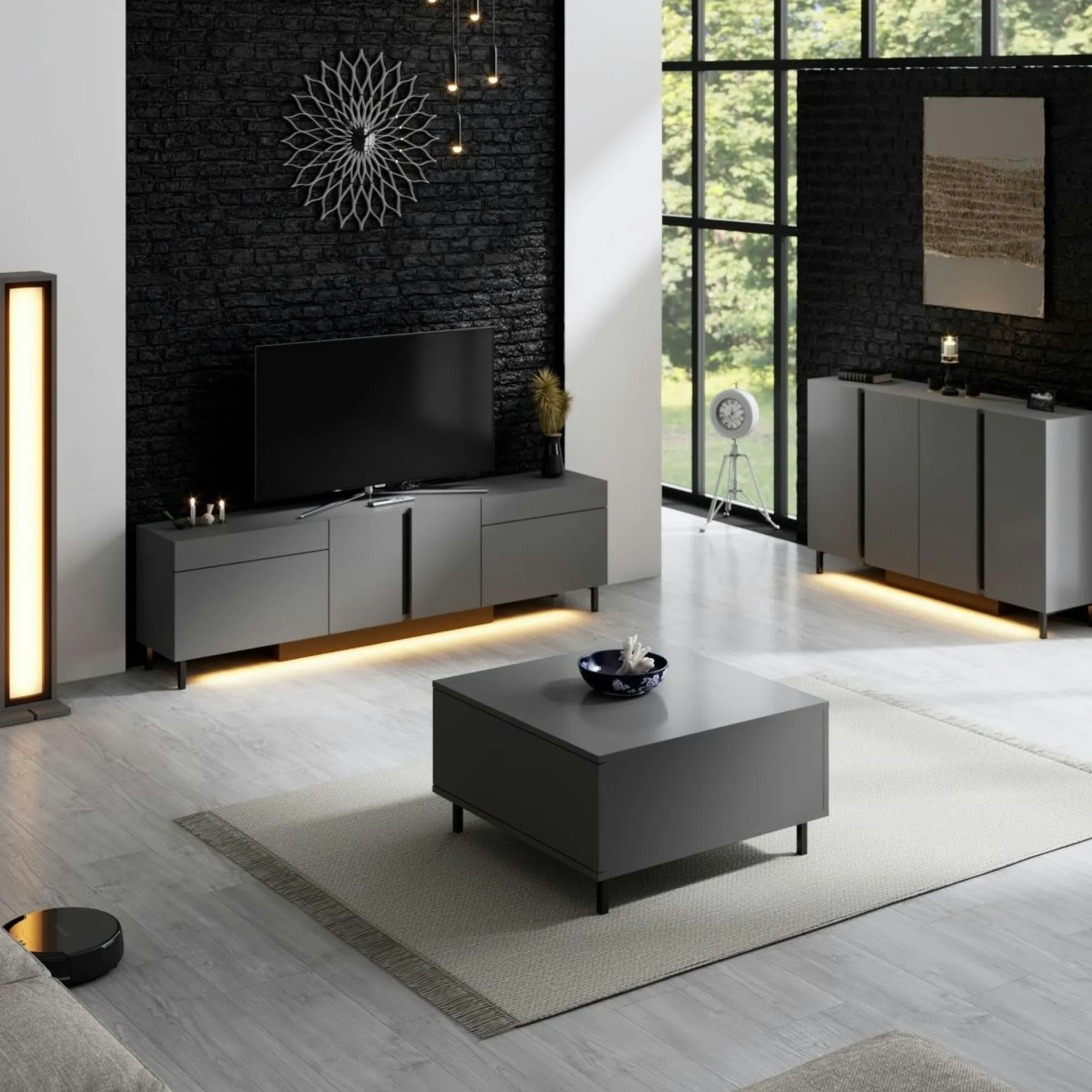 Buffet salle à manger 4 portes LED gris foncé AURA