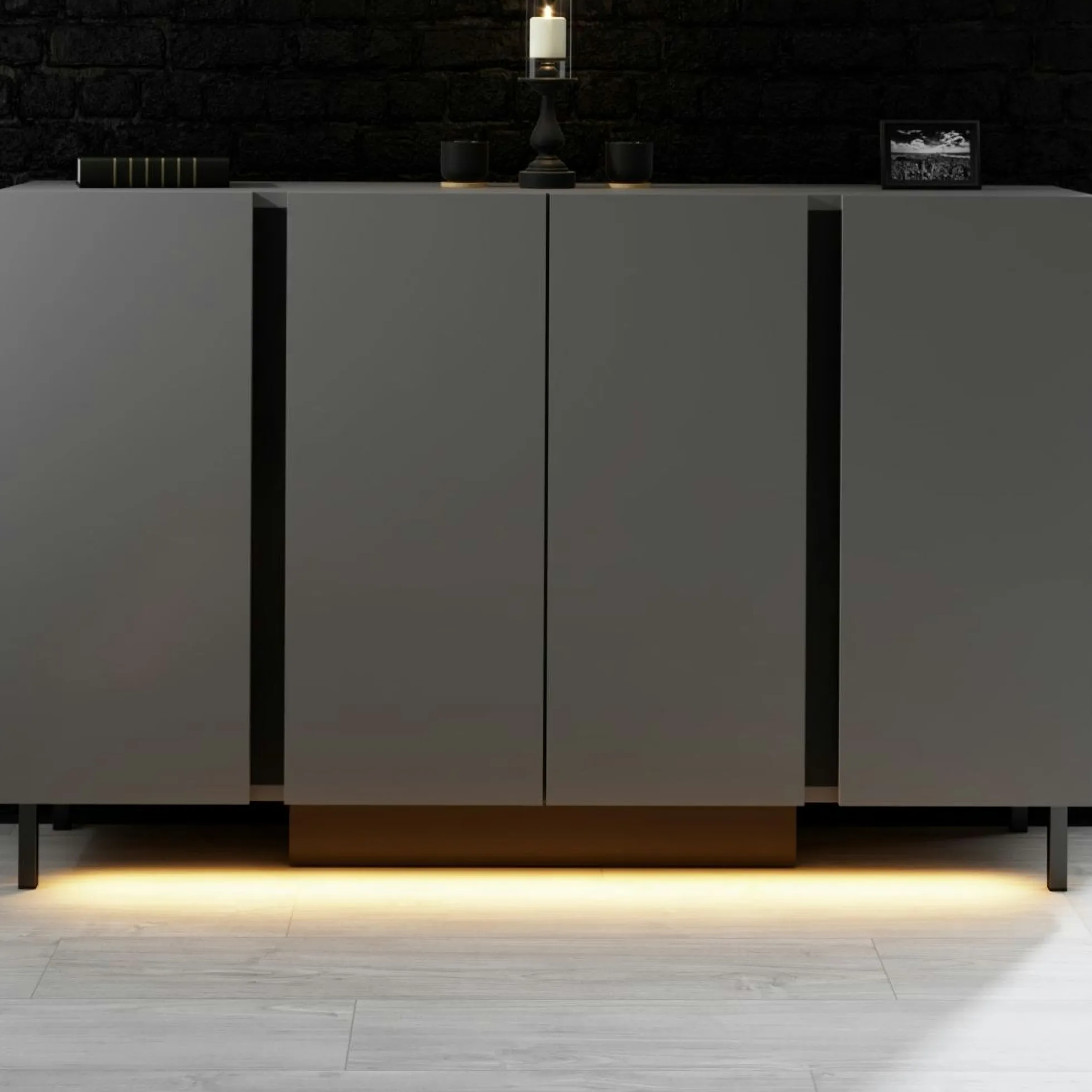 Buffet salle à manger 4 portes LED gris foncé AURA