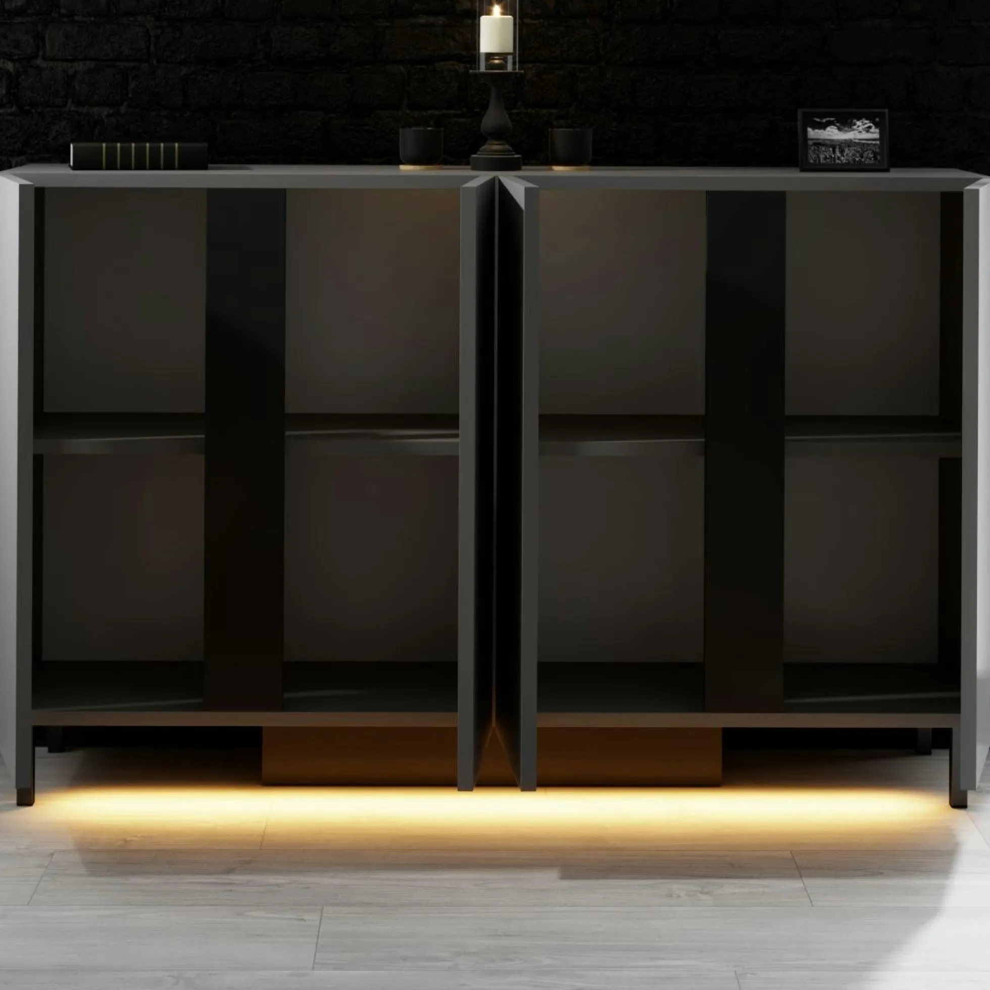 Buffet salle à manger 4 portes LED gris foncé AURA