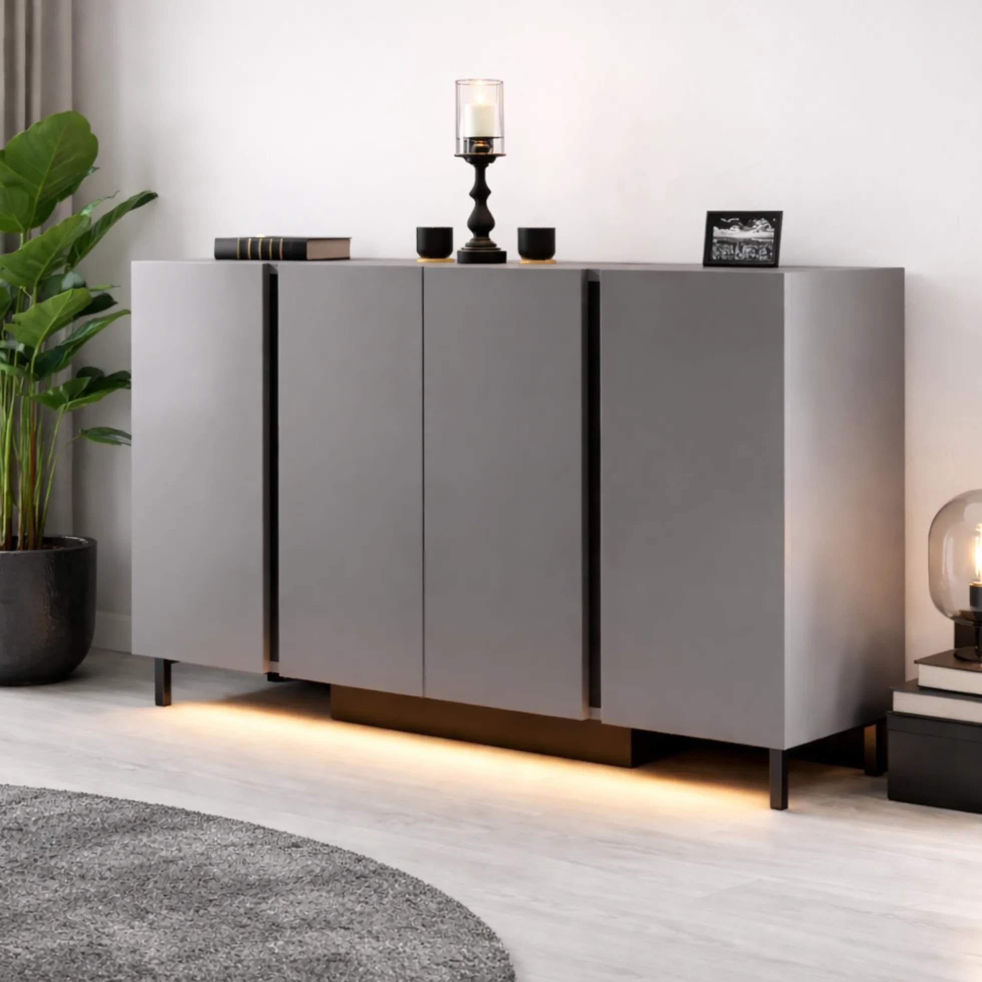 Buffet salle à manger 4 portes LED gris foncé AURA