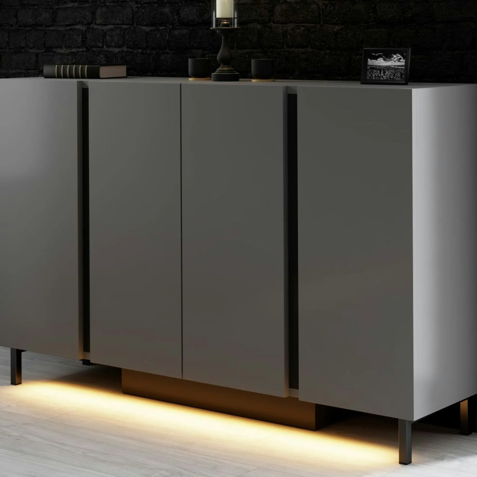 Buffet salle à manger 4 portes LED gris foncé AURA