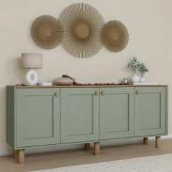 Buffet salle à manger vert sauge, plateau effet bois VAREN