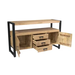 Buffet salon bois clair métal noir 2 portes 3 tiroirs MILORA