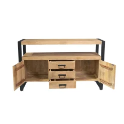 Buffet salon bois clair métal noir 2 portes 3 tiroirs MILORA