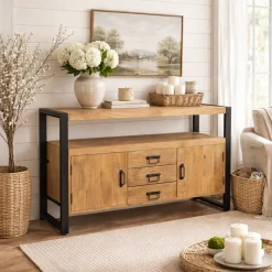 Buffet salon bois clair métal noir 2 portes 3 tiroirs MILORA