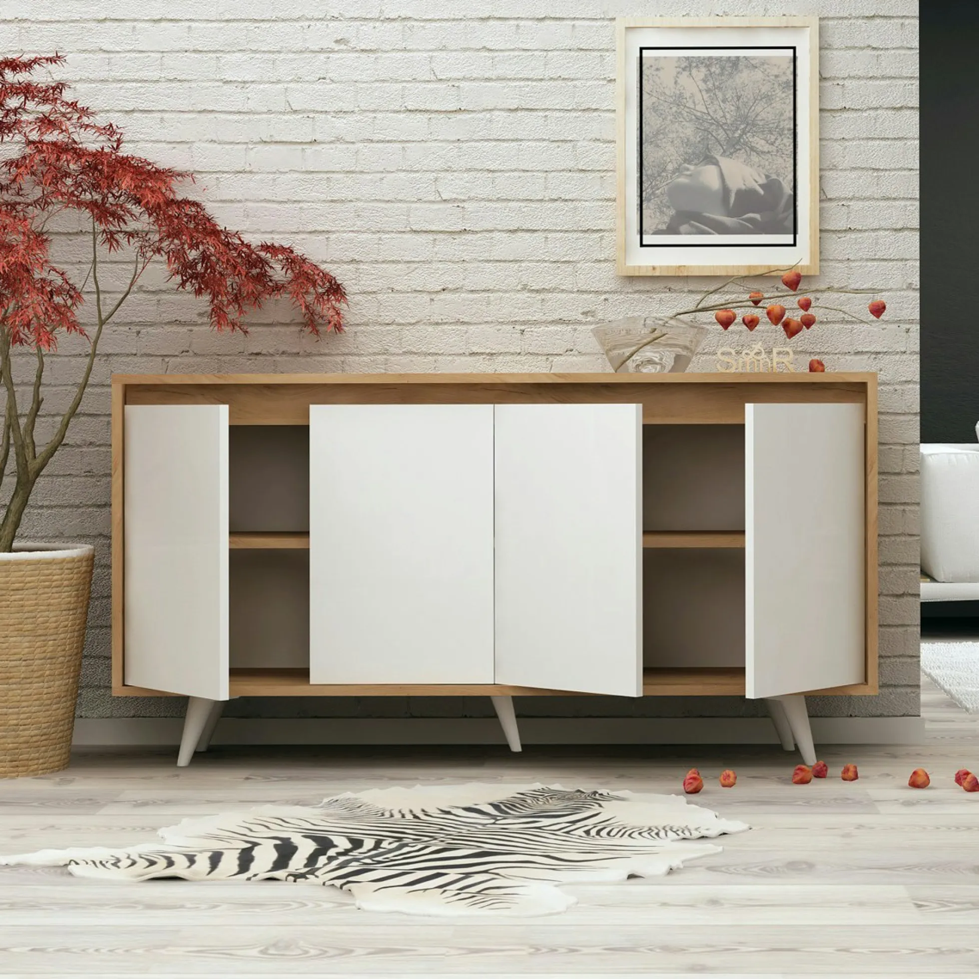 Buffet scandinave bicolore, 4 portes blanches JENA