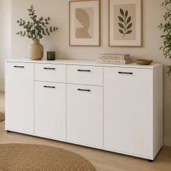 Buffet étroit blanc 4 portes 2 tiroirs ALVA