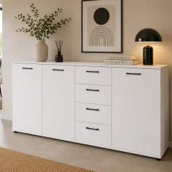 Buffet étroit blanc 3 portes 4 tiroirs ALVA