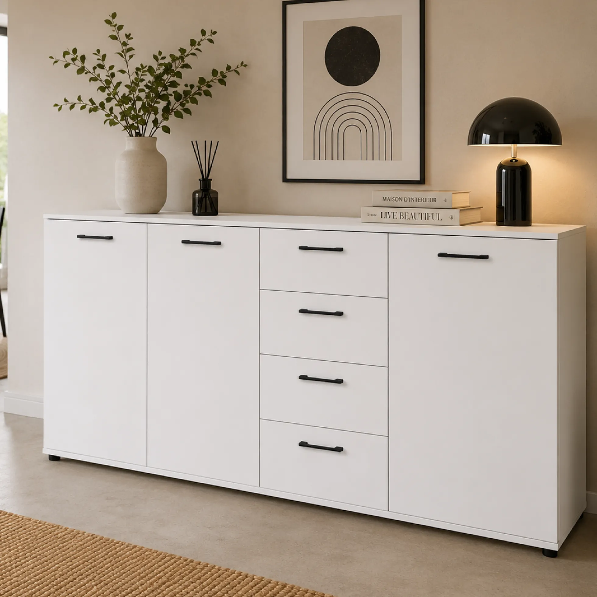 Buffet étroit blanc 3 portes 4 tiroirs ALVA