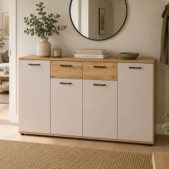 Buffet étroit décor bois et beige 4 portes ALVA