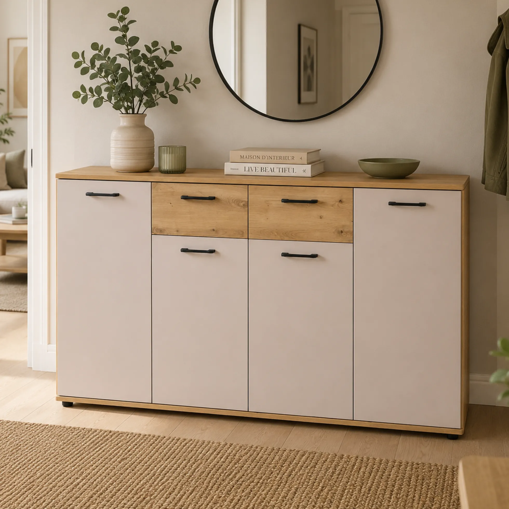 Buffet étroit décor bois et beige 4 portes ALVA