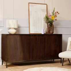 Buffet vintage bois brun 3 portes rainurées CORTINA