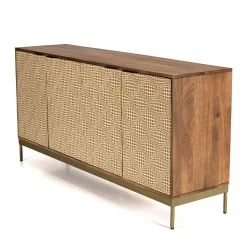 Buffet vintage manguier 4 portes motifs losanges pieds métal doré KANHA