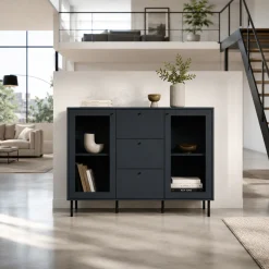 Buffet vitrine bleu sombre 2 portes 3 tiroirs RAVEN