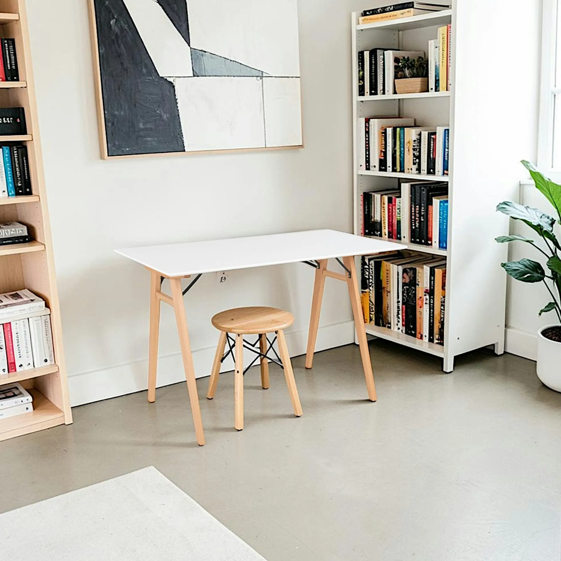 Bureau blanc moderne pieds bois style tréteau 120 cm OTTA