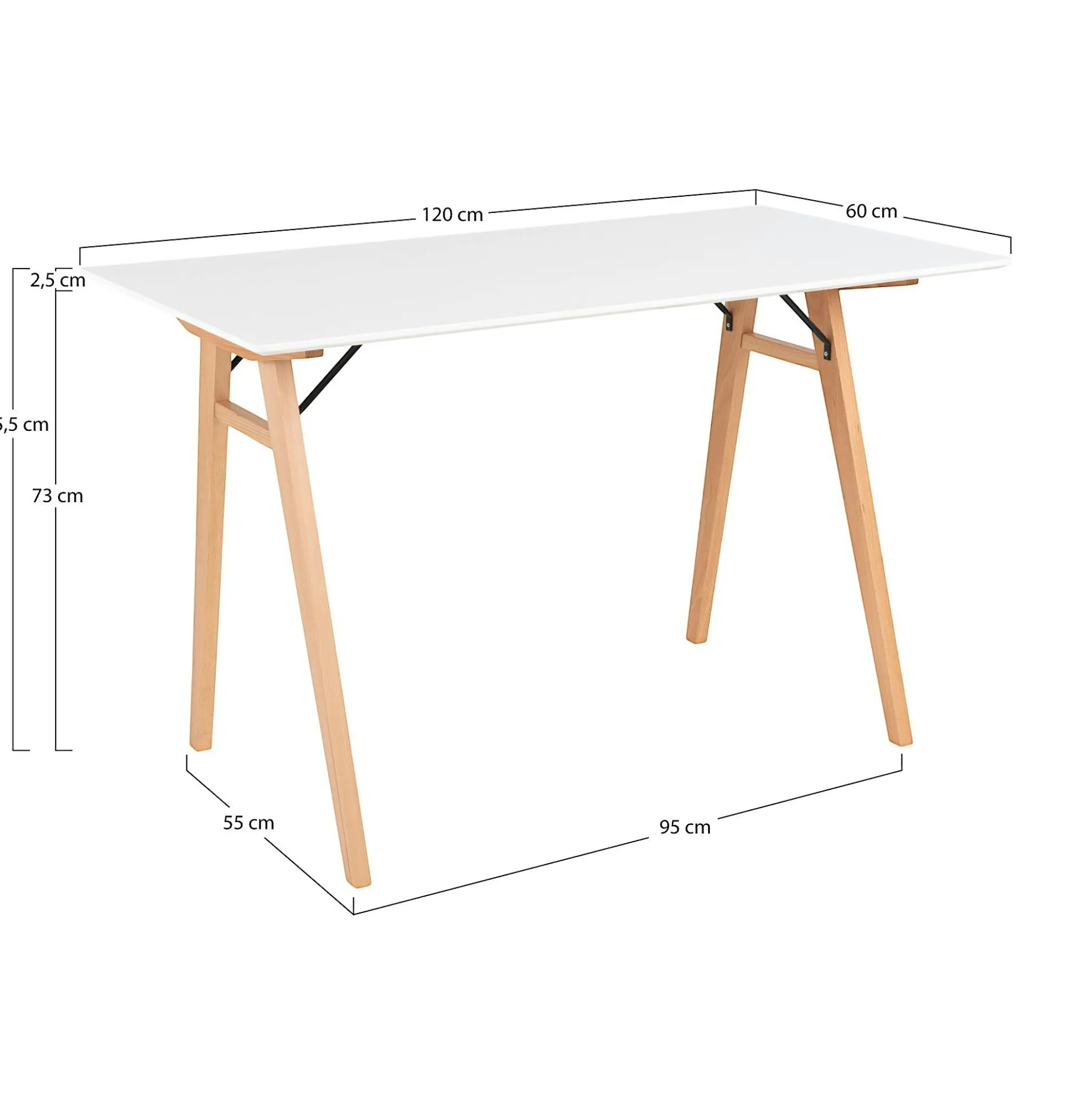 Bureau blanc moderne pieds bois style tréteau 120 cm OTTA