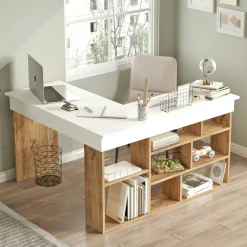 Bureau d'angle blanc décor bois à niches de rangement MARFA