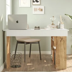 Bureau d'angle blanc décor bois à niches de rangement MARFA