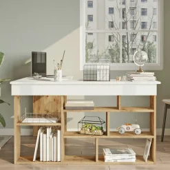 Bureau d'angle blanc décor bois à niches de rangement MARFA