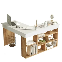Bureau d'angle blanc décor bois à niches de rangement MARFA