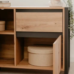 Bureau d'angle réversible effet chêne avec bloc rangement ALVA