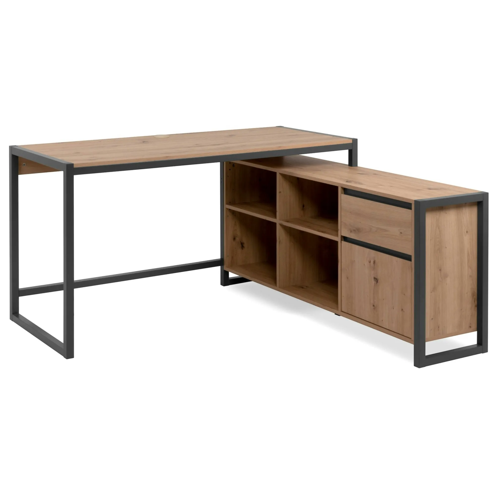 Bureau d'angle réversible effet chêne avec bloc rangement ALVA