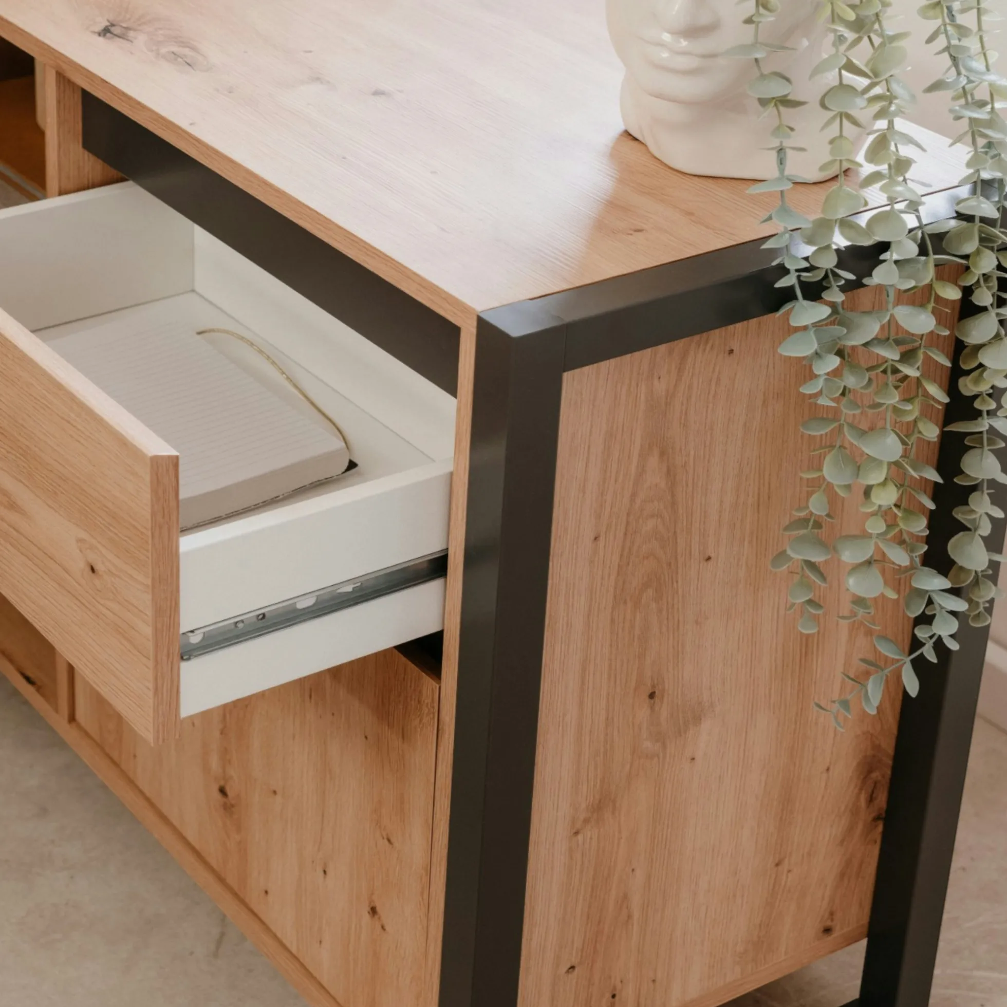 Bureau d'angle réversible effet chêne avec bloc rangement ALVA