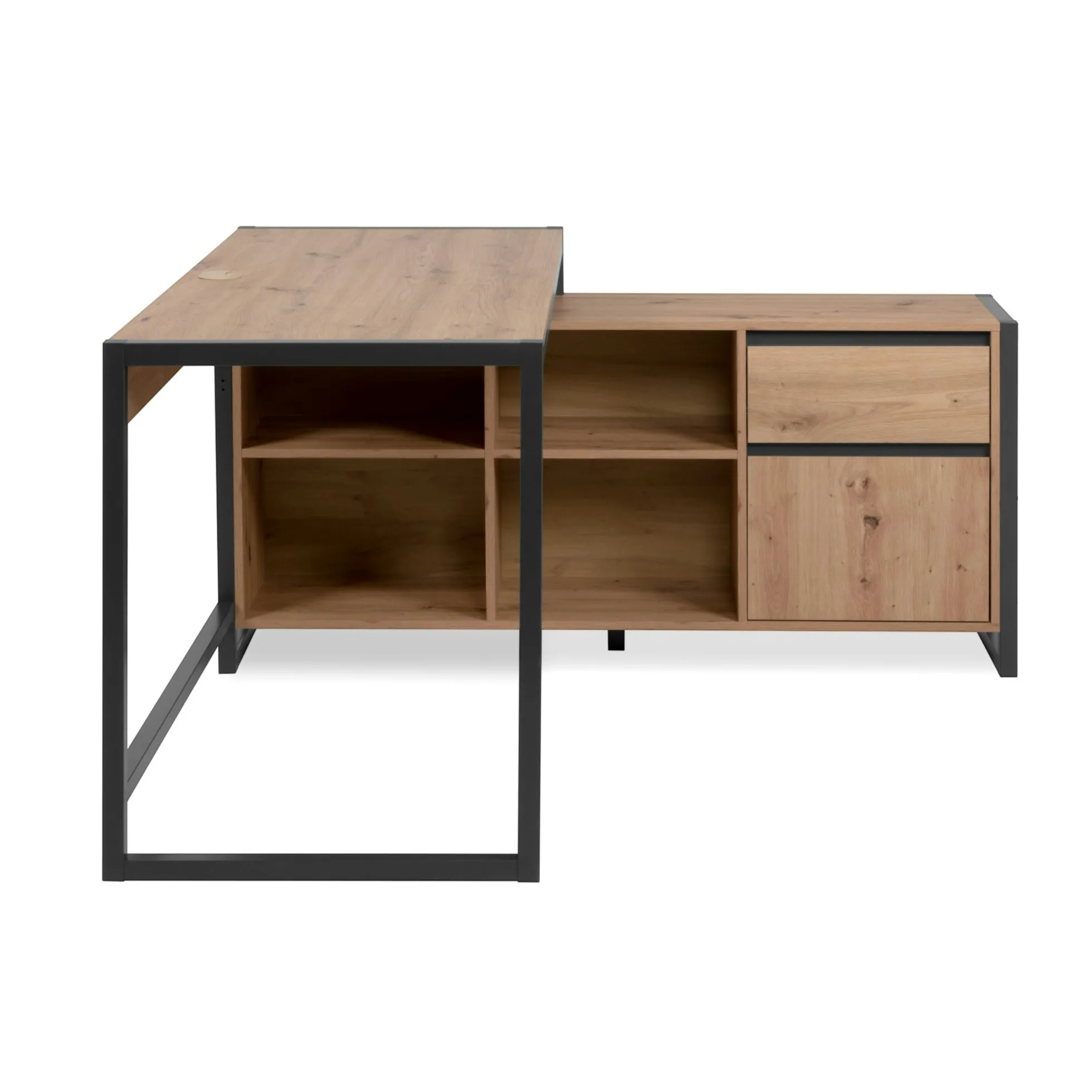 Bureau d'angle réversible effet chêne avec bloc rangement ALVA