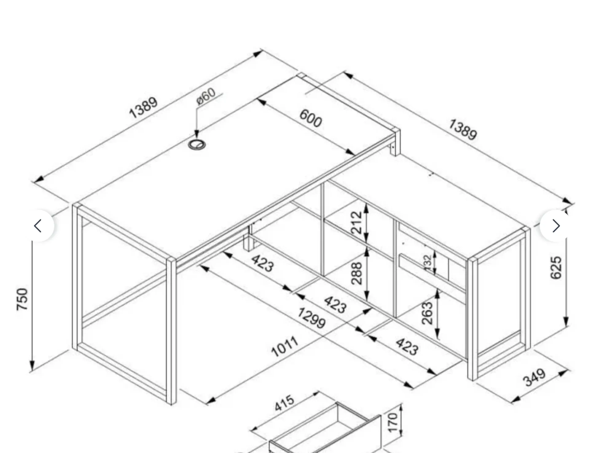 Bureau d'angle réversible effet chêne avec bloc rangement ALVA
