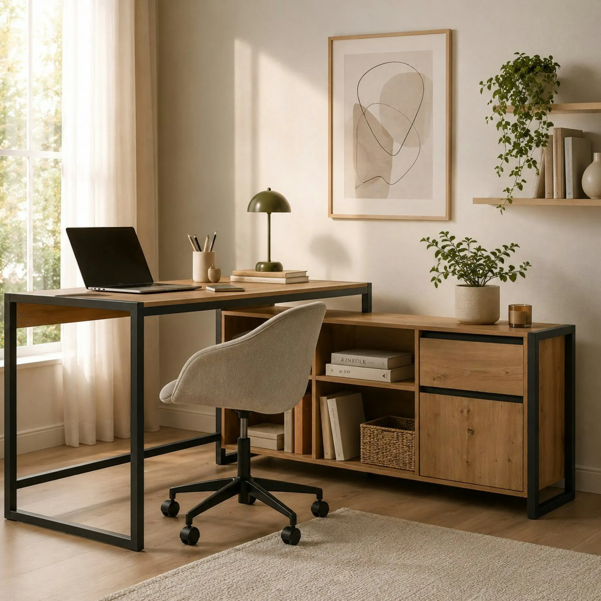 Bureau d'angle réversible effet chêne avec bloc rangement ALVA