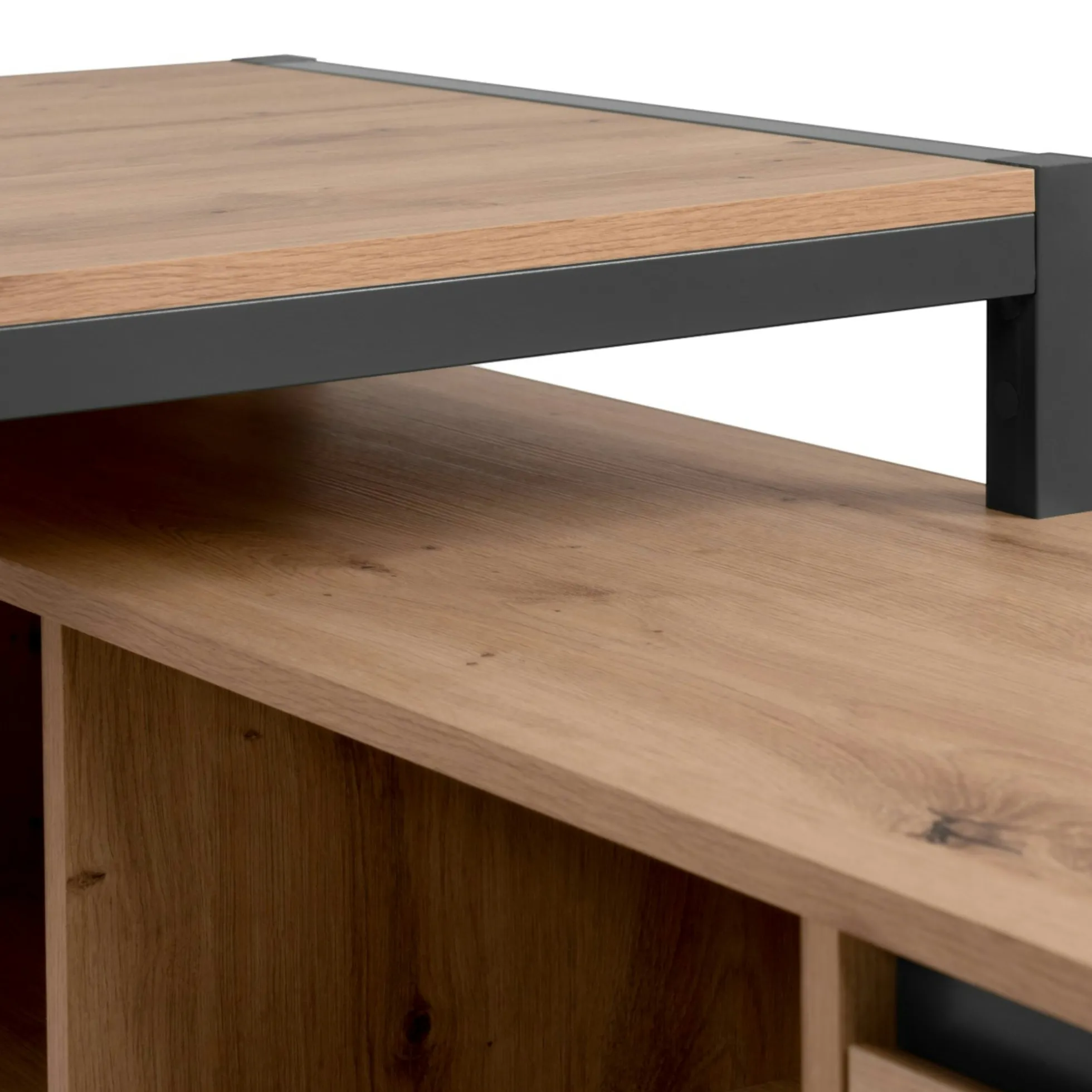Bureau d'angle réversible effet chêne avec bloc rangement ALVA