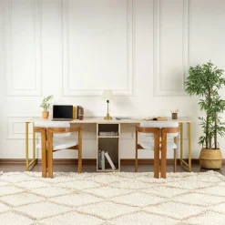 Bureau double avec rangement central - plateau effet travertin MARFA