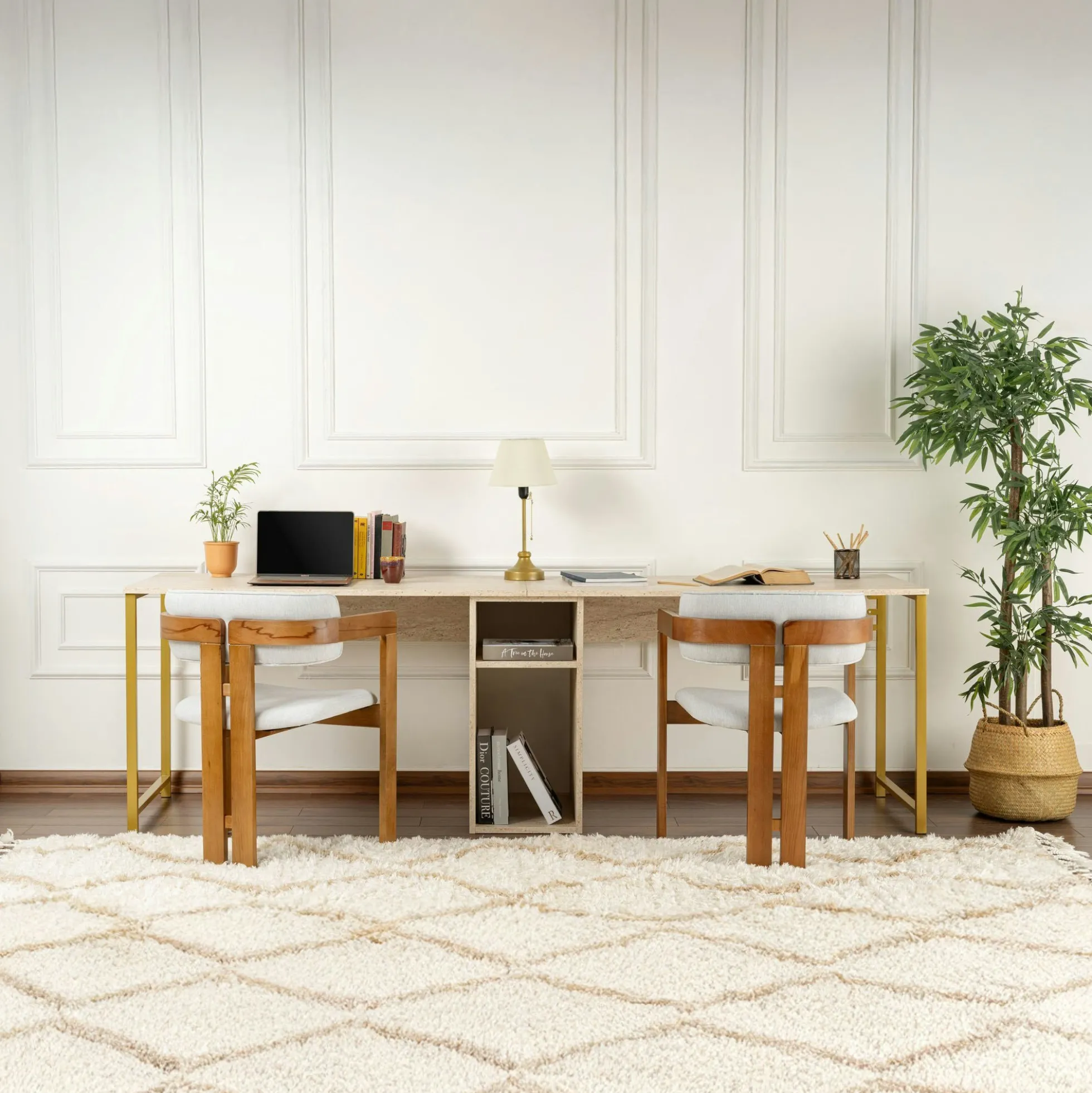 Bureau double avec rangement central - plateau effet travertin MARFA