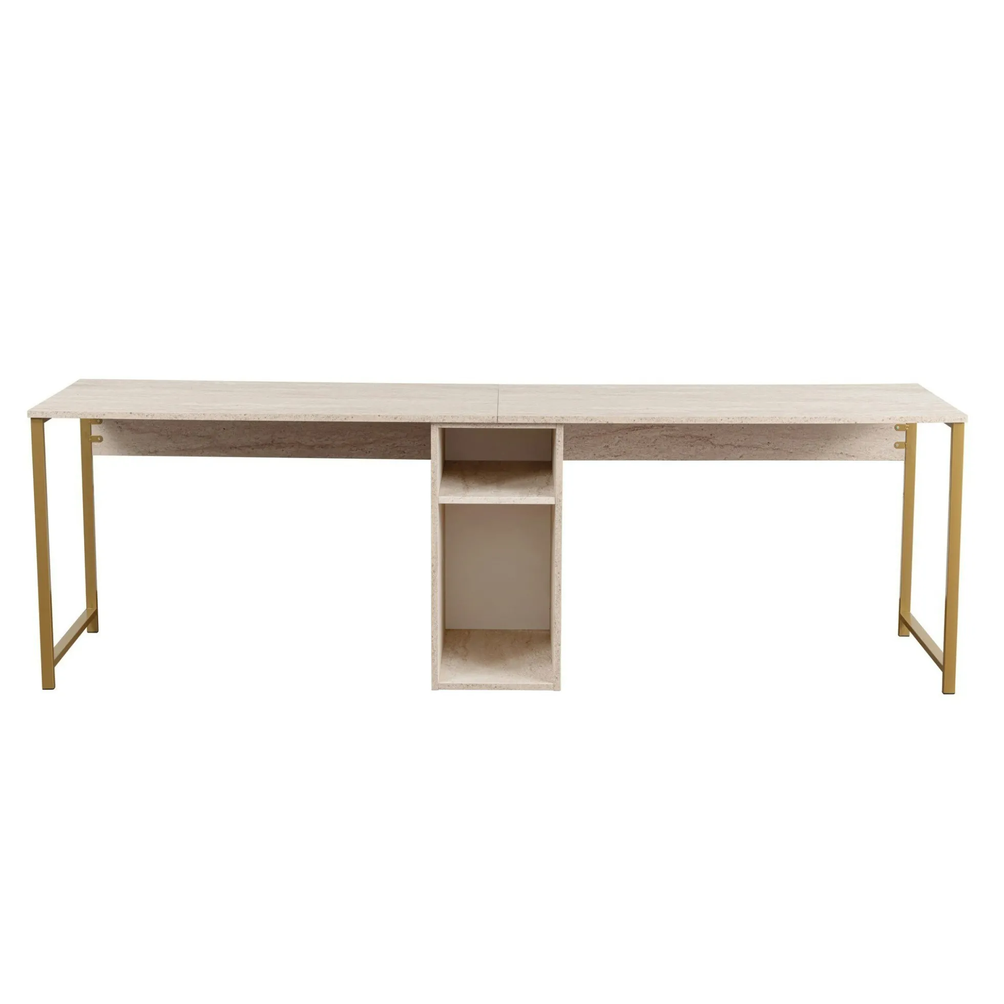 Bureau double avec rangement central - plateau effet travertin MARFA
