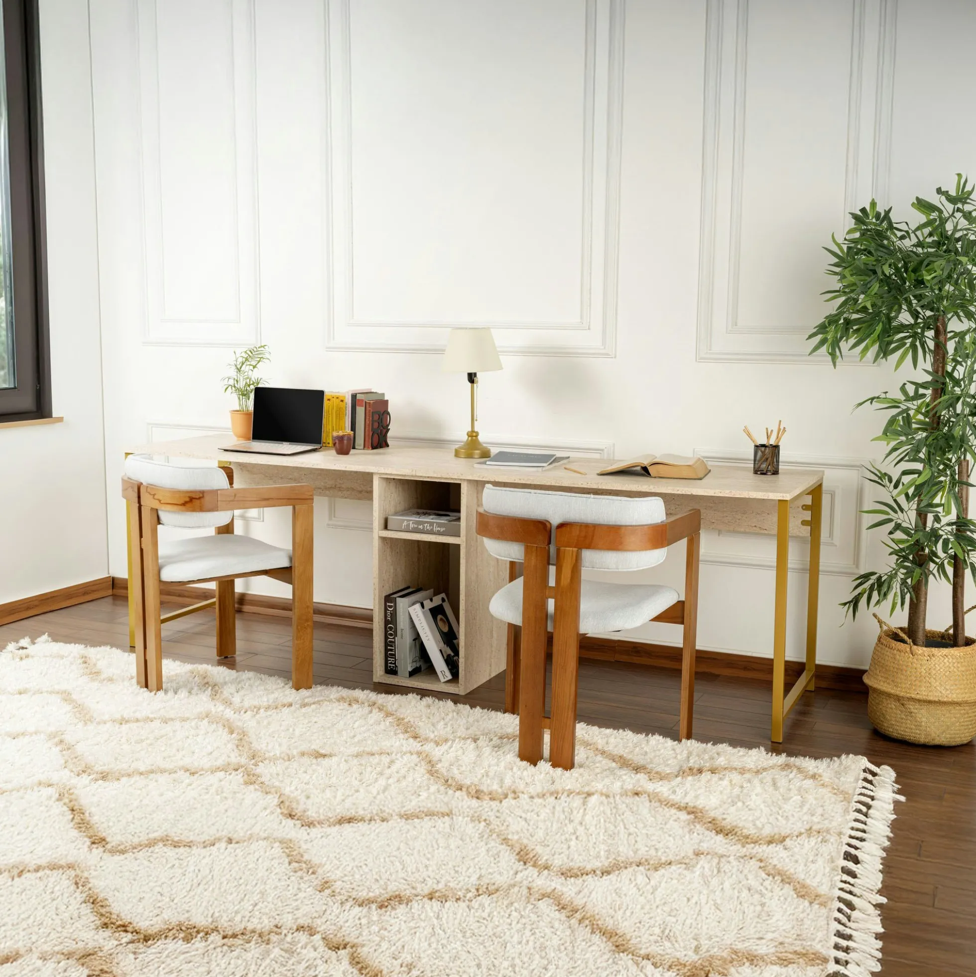 Bureau double avec rangement central - plateau effet travertin MARFA