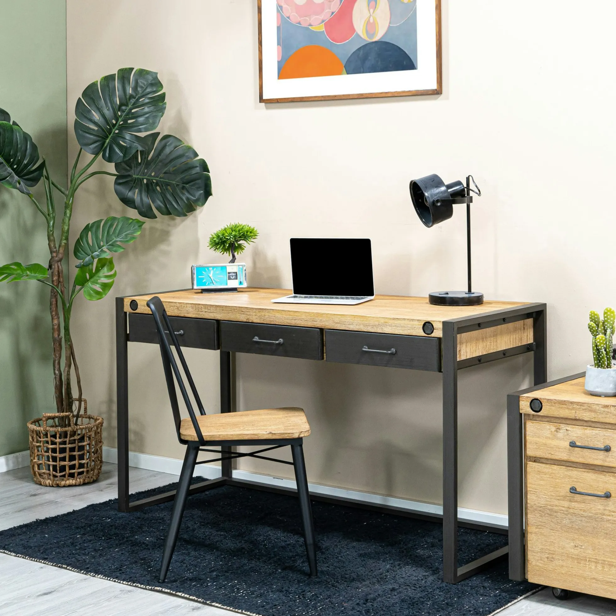 Bureau Inspiration Indus' en Acacia et Métal 3 tiroirs métal 140x60x78,5cm BROOKLYN